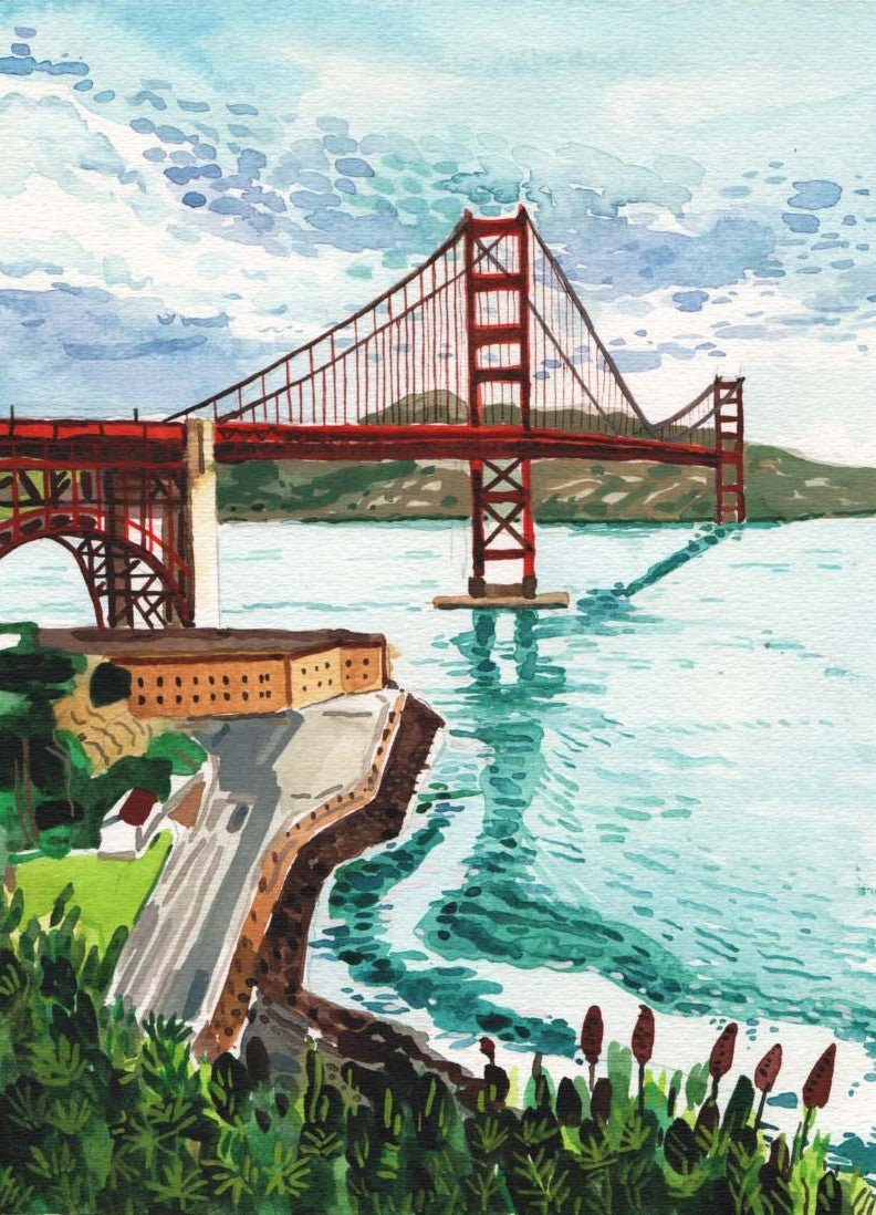 Golden Gate Bridge, San Francisco. Original Watercolor Painting. 9" x 12". California. Bay area. Oakland. Marin County. small. landscape.