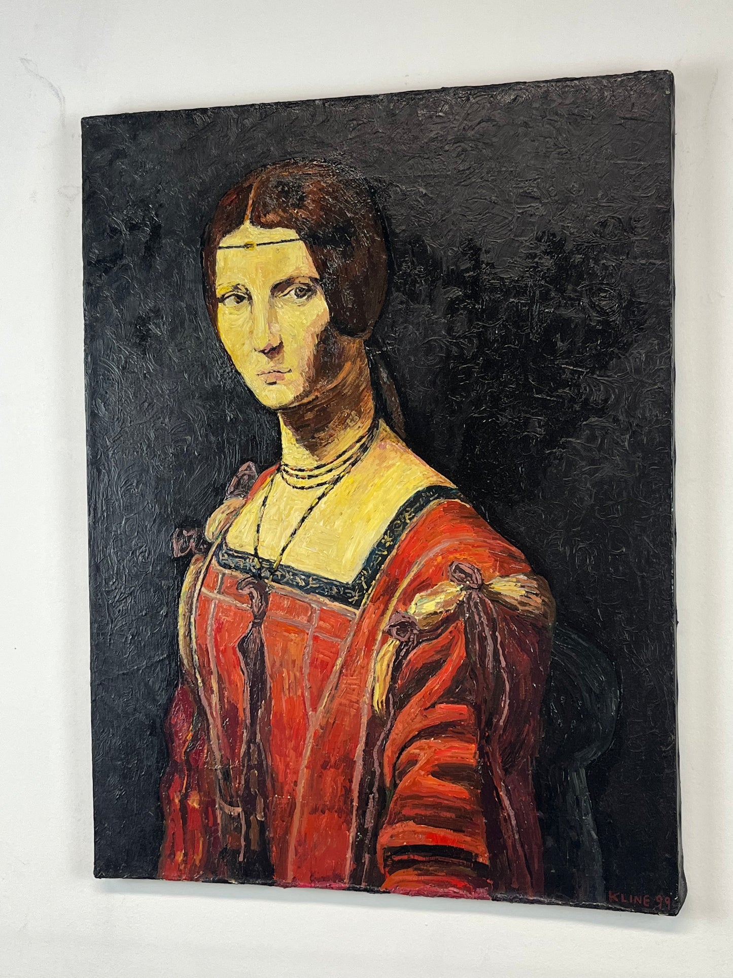 Copy of Leonardo da vinci's La Belle Ferronniere. Oil on Canvas. 18" x 24". John Kline Artwork. Italian. portrait