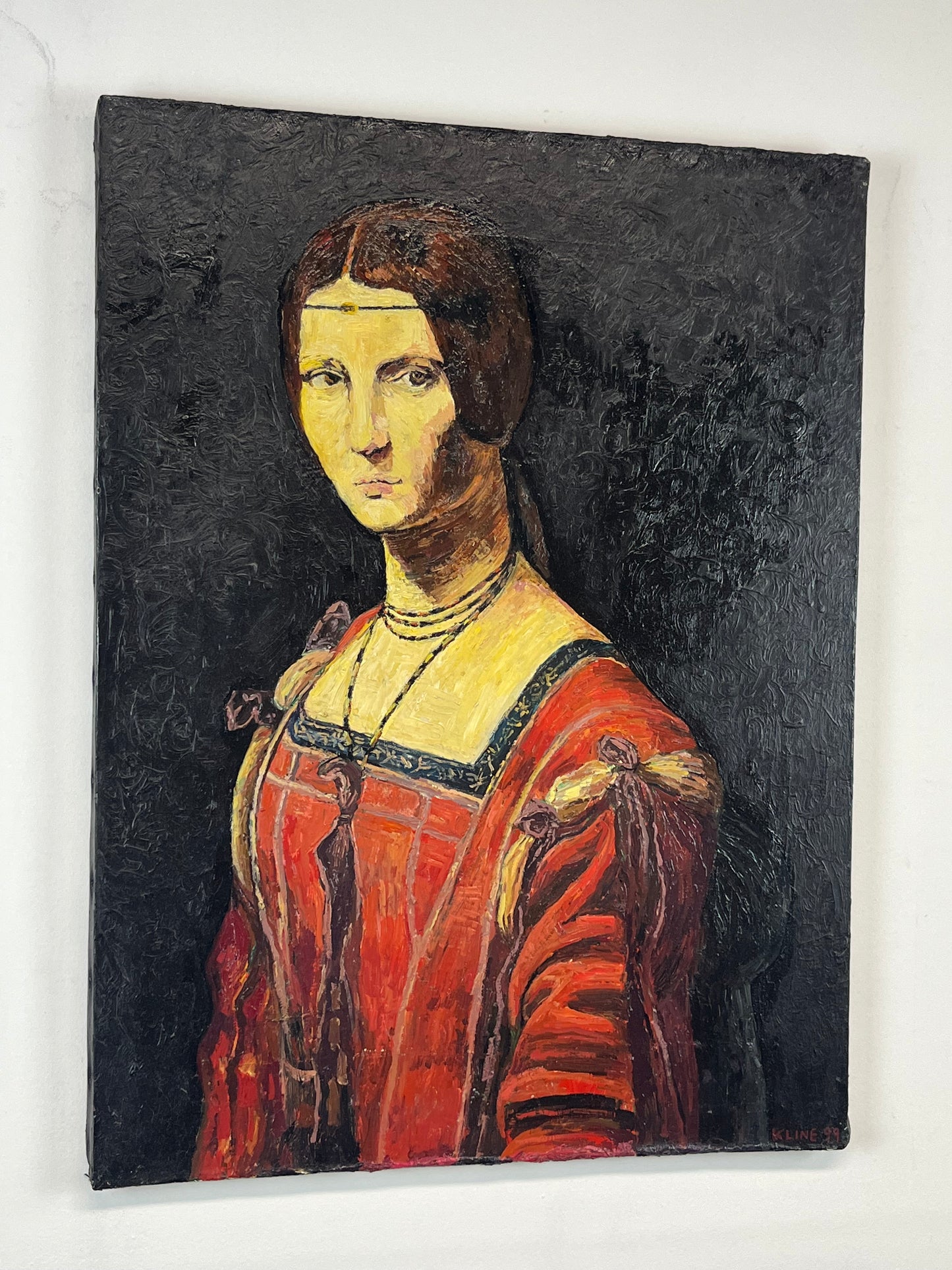 Copy of Leonardo da vinci's La Belle Ferronniere. Oil on Canvas. 18" x 24". John Kline Artwork. Italian. portrait