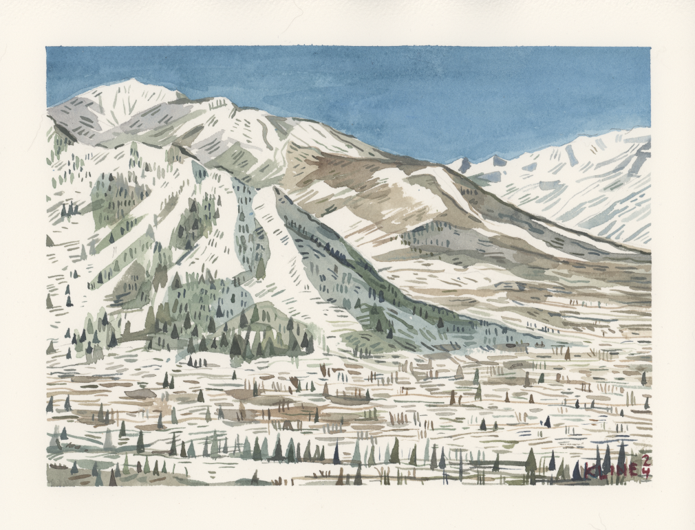 Aspen, Colorado and Aspen Highlands. Watercolor. 10" x 8". John Kline Artwork
