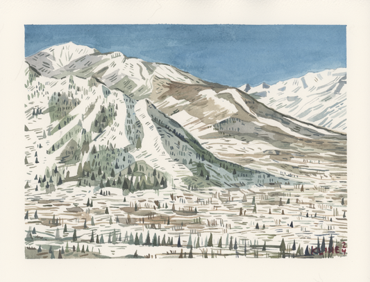 Aspen, Colorado and Aspen Highlands. Watercolor. 10" x 8". John Kline Artwork