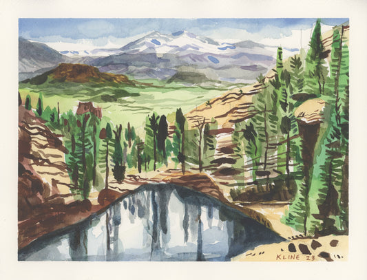 Gem Lake and Longs Peak, Estes Park, Colorado. Watercolor. 10" x 8". John Kline Artwork.