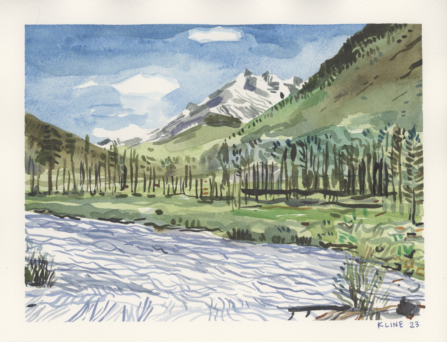 Maroon Creek and Pyramid Peak, Colorado. Watercolor. 10" x 8". John Kline Artwork.