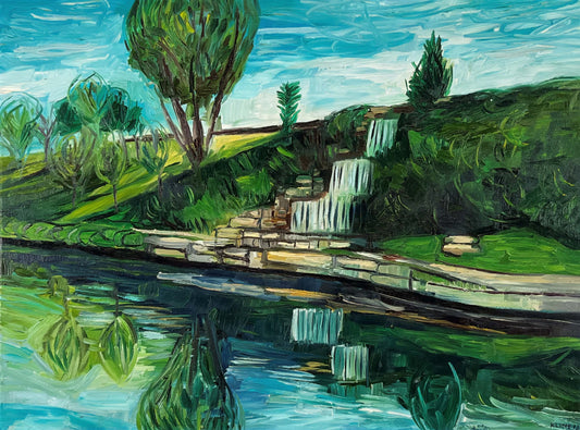 Waterfall next to Brush Creek in Kansas City. Oil on Canvas. 24" x 18". John Kline Artwork. landscape painting.