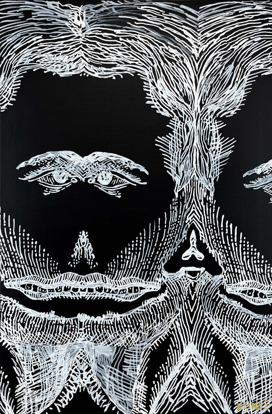 Gazing at your Own Fear. Acrylic and Oil Markers on Canvas. 24" x 36". John Kline Artwork. Black and White Painting