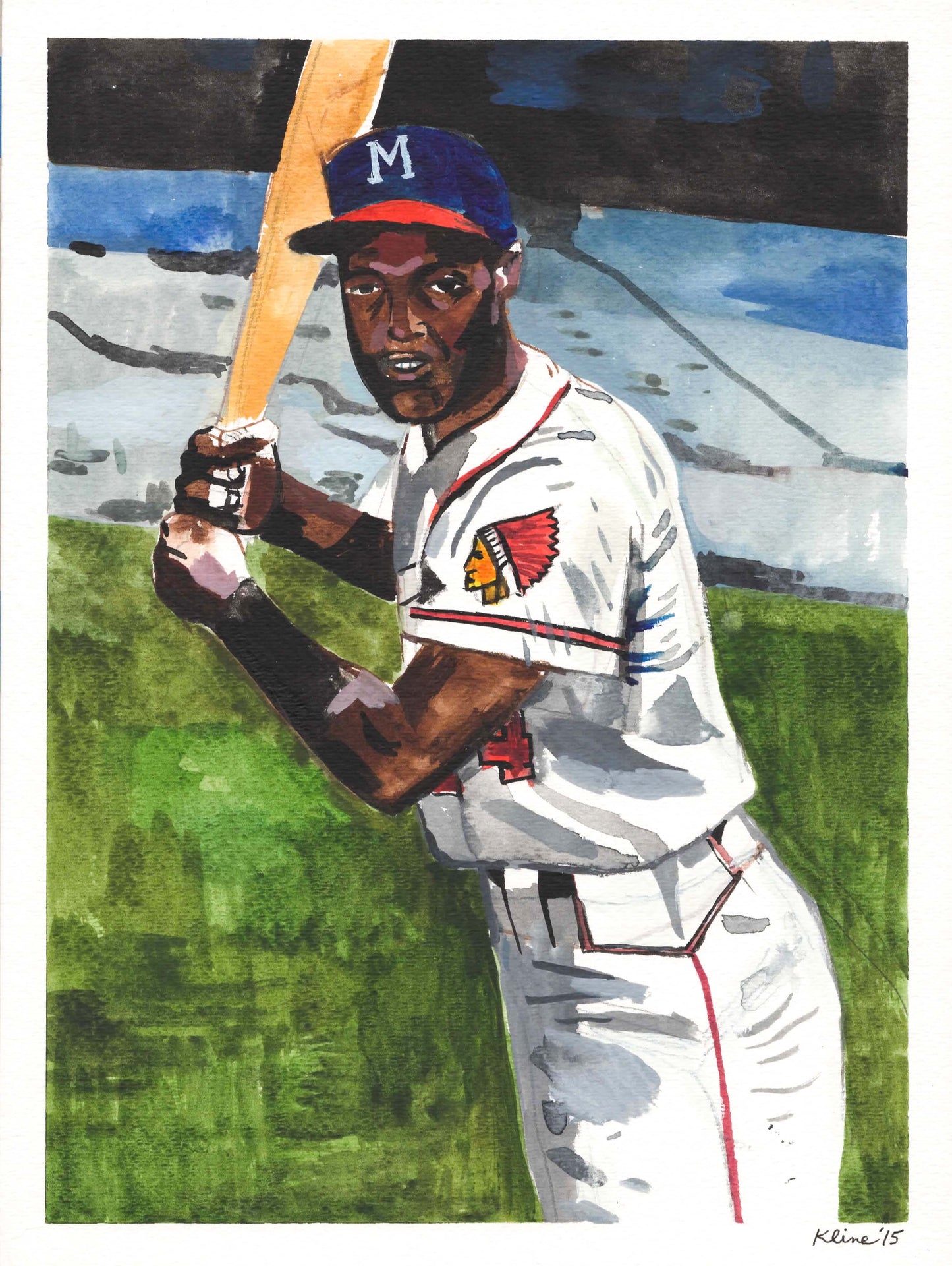 Hank Aaron. Milwaukee Braves. Watercolor and Gouache on Paper. 9