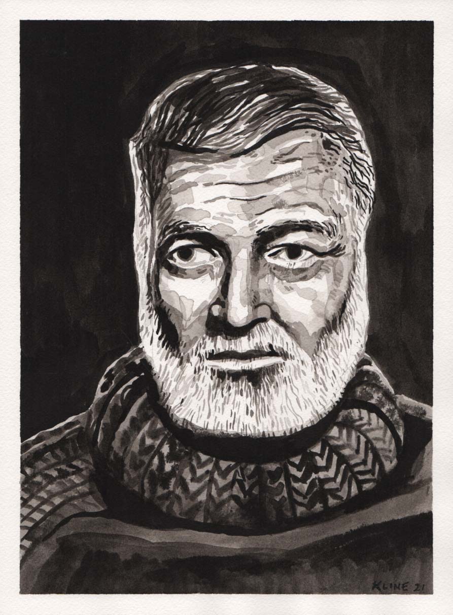 Ernest Hemingway. Ink Wash on Paper. 9" x 12". Original. painting. watercolor. black. white. Key West. art. small portrait. writer. person.