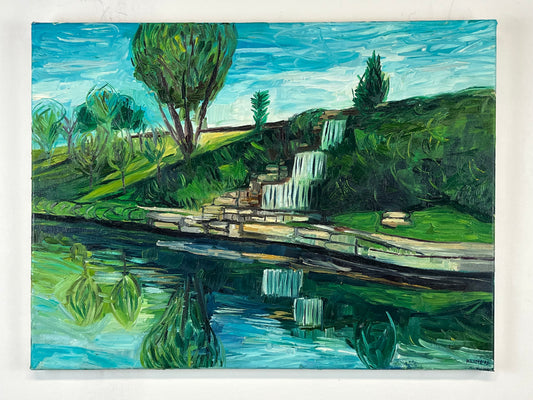 Waterfall next to Brush Creek in Kansas City. Oil on Canvas. 24" x 18". John Kline Artwork. landscape painting.