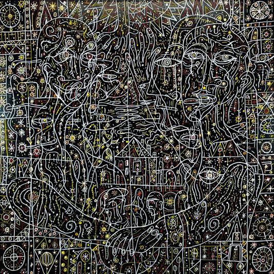A Strange, Isolated Place. Enamel and Oil Markers on Canvas. 40" x 40" x 1.5". John Kline Artwork. black white expressionist line painting