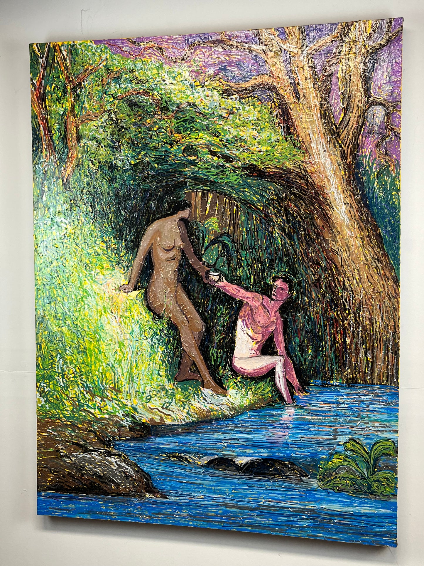 After Gustave Dore's Paradise Lost. Enamel and Oil Markers on Canvas. 36" x 48". John Kline Artwork. Adam and Eve Modern Painting