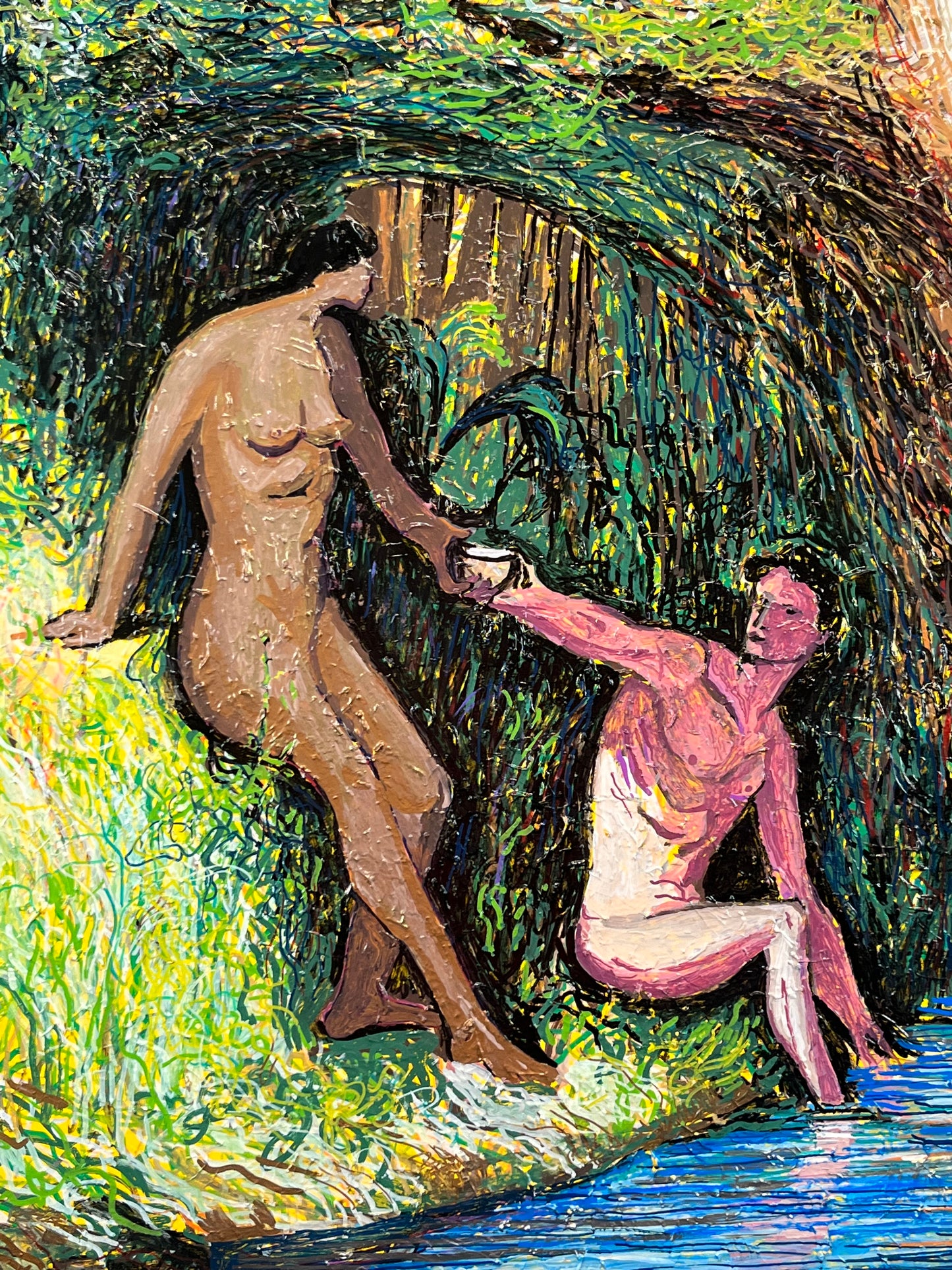 After Gustave Dore's Paradise Lost. Enamel and Oil Markers on Canvas. 36" x 48". John Kline Artwork. Adam and Eve Modern Painting