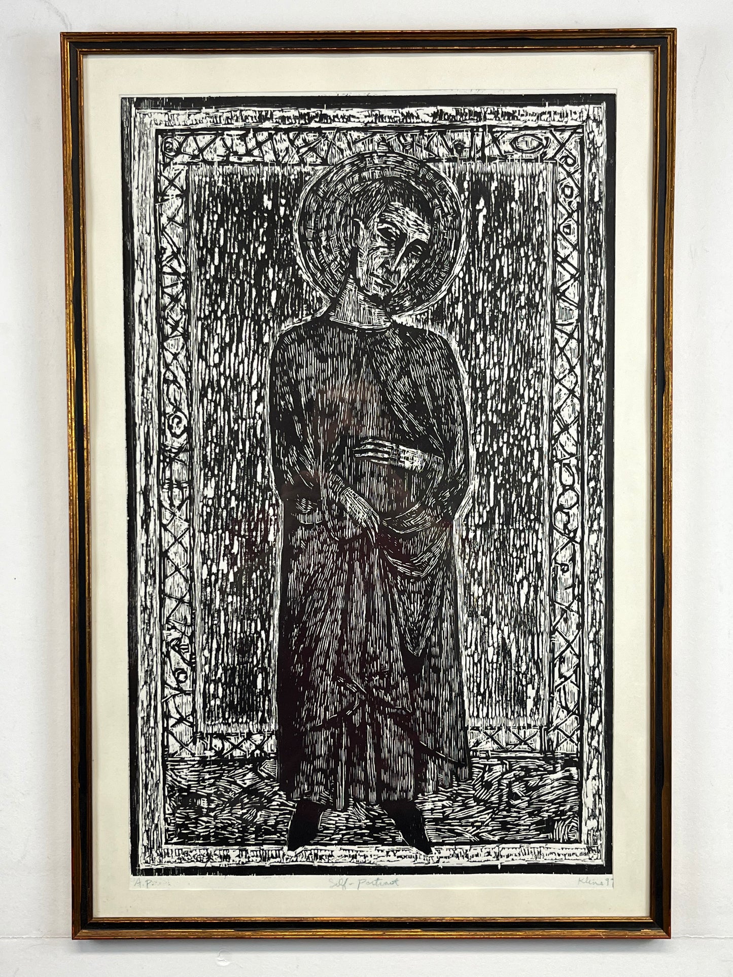 Self-Portrait as a Saint. Woodcut Print. 19" x 28.5". Rare One Edition Print. John Kline Artwork