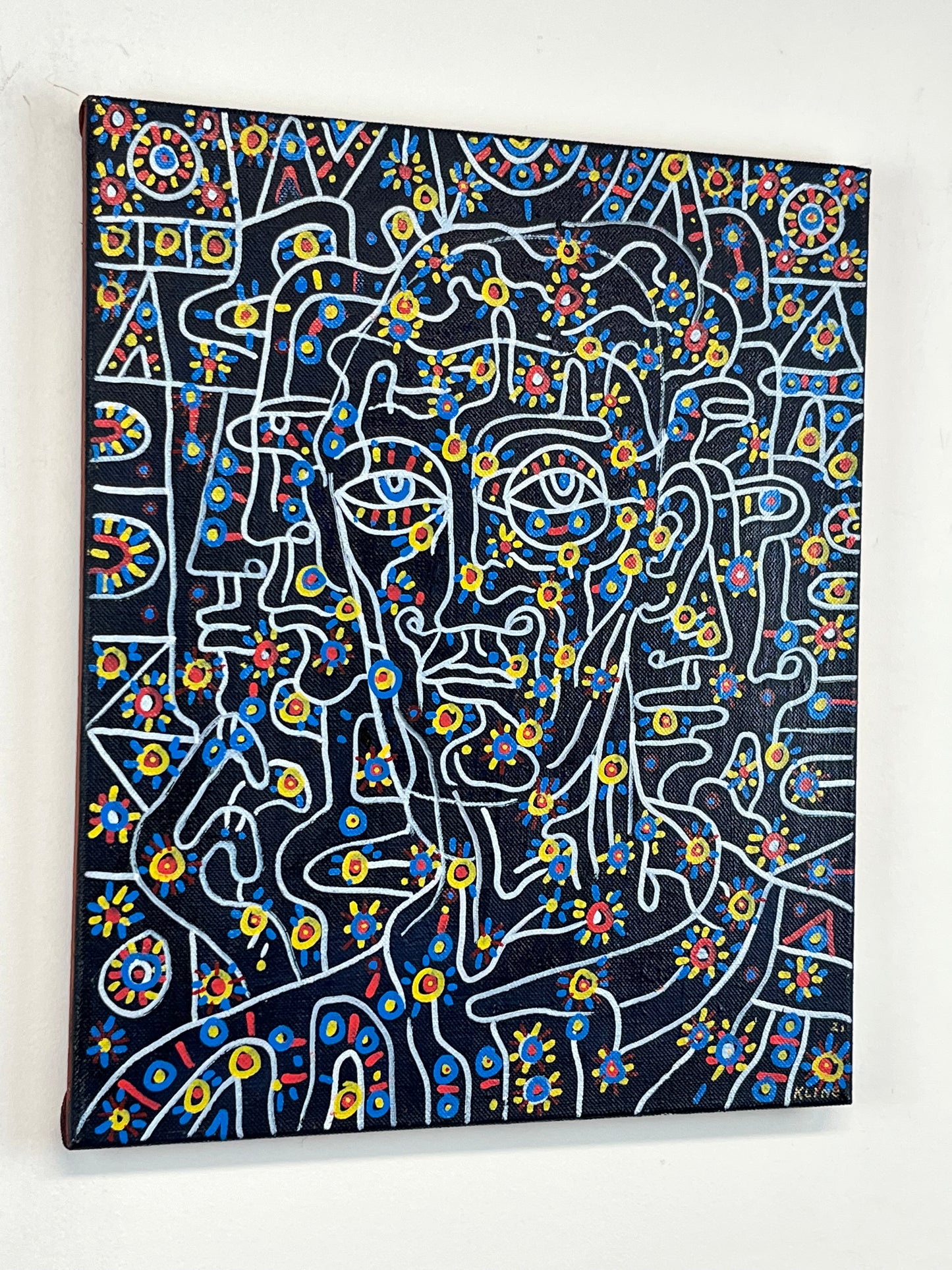 Self-Portrait. Oil and Oil Markers on Linen. 15" x 18". John Kline Artwork. Blue Yellow Red Painting