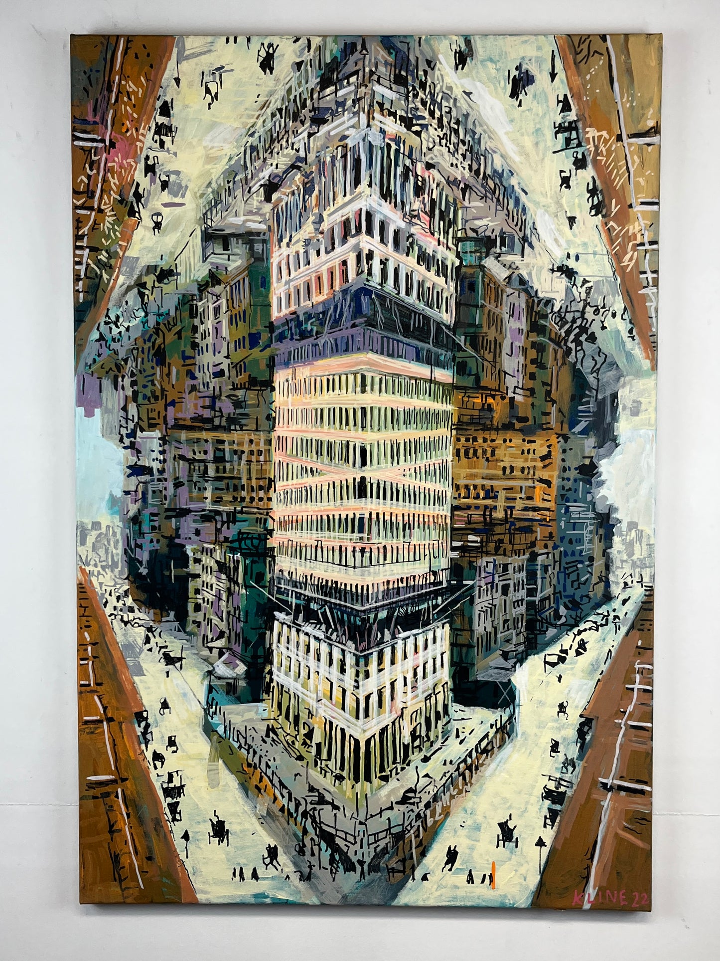 (SOLD) The Flat Iron Building. Acrylic and Oil Markers on Canvas. 24" x 36". John Kline Artwork