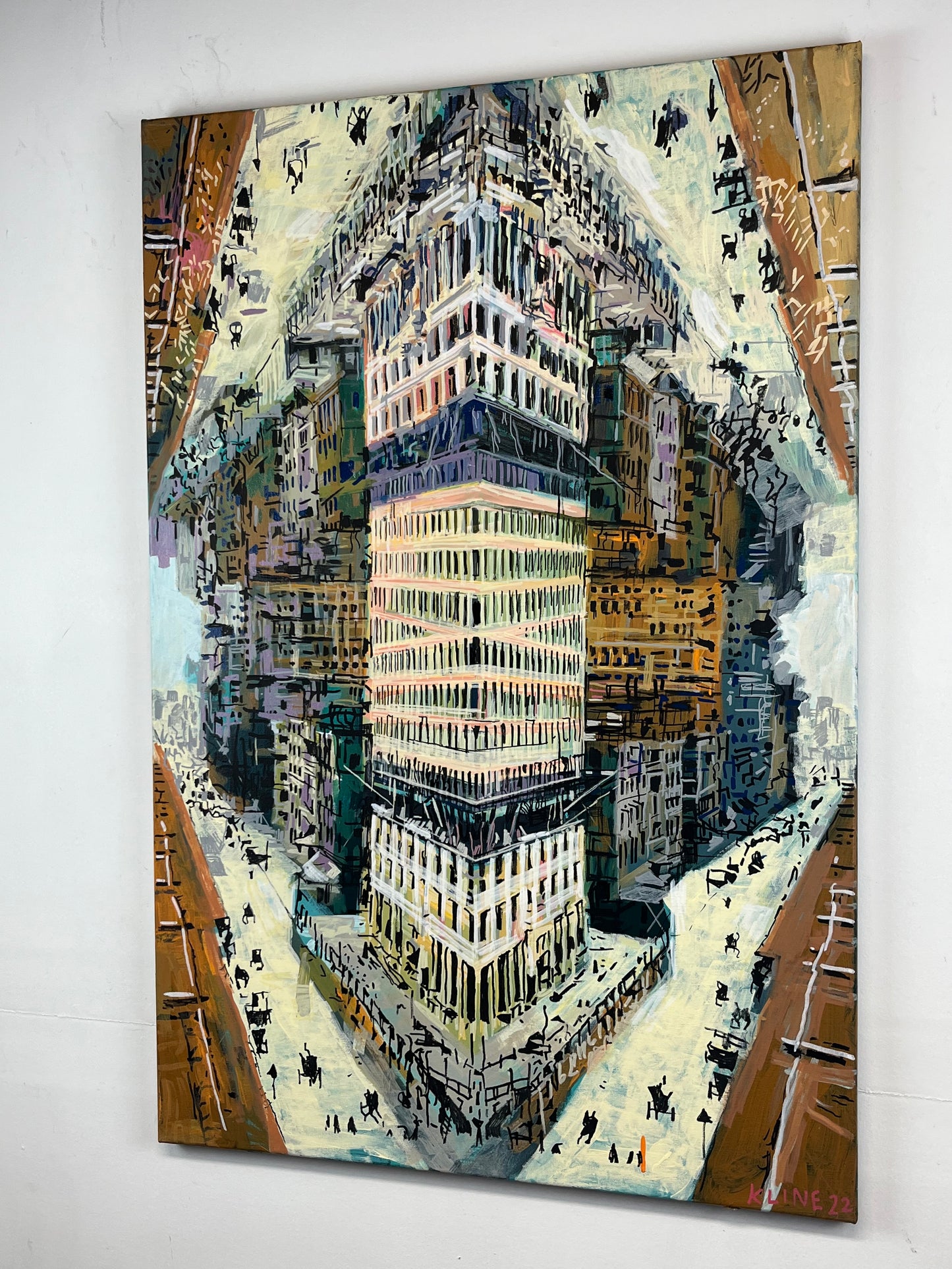 (SOLD) The Flat Iron Building. Acrylic and Oil Markers on Canvas. 24" x 36". John Kline Artwork