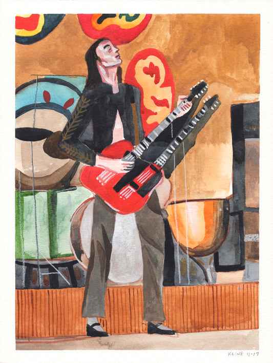 Jimmy Page, Led Zeppelin. Watercolor on Paper. 9" x 12". painting. double guitar rock and roll music wall art decor John Kline artwork