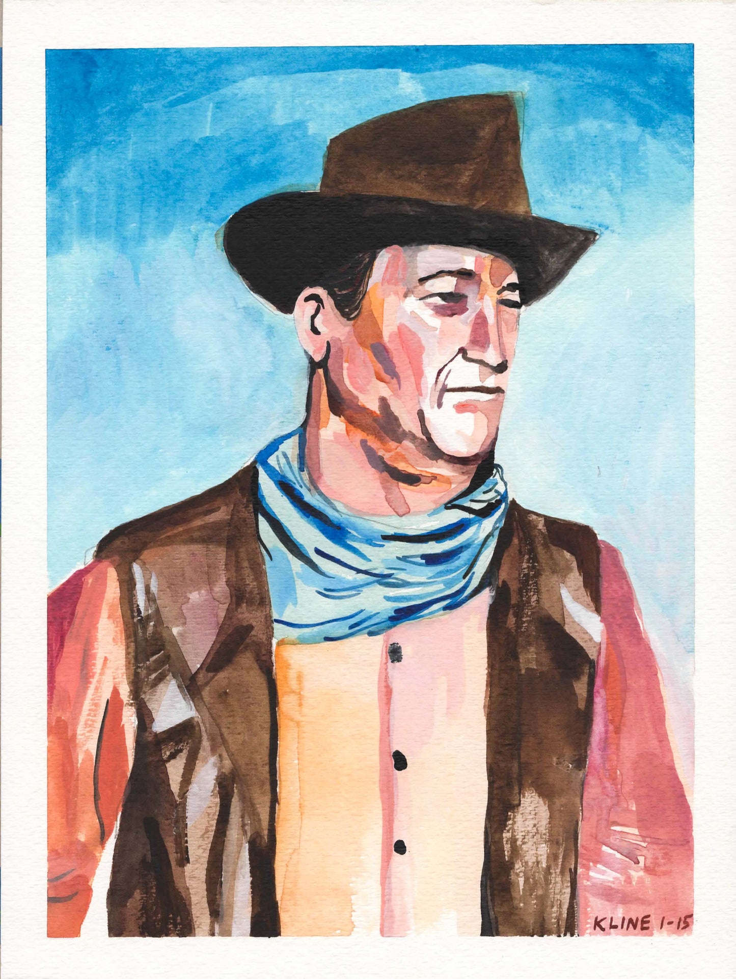 John Wayne. Watercolor and Gouache on Paper. 9" x 12". Painting