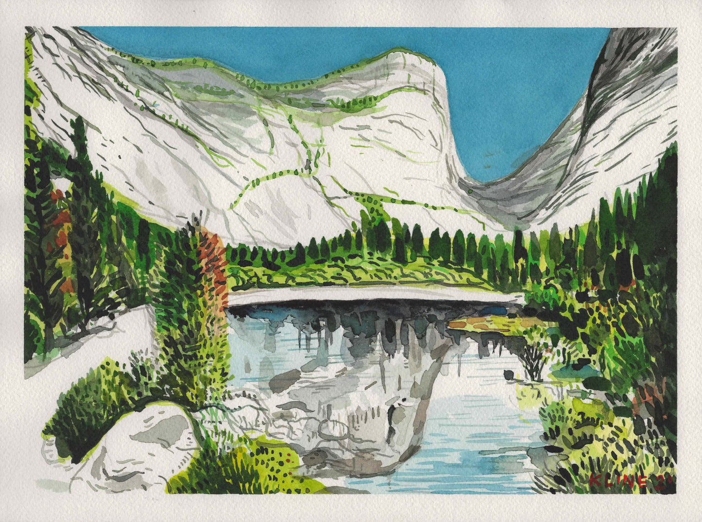 Yosemite National Park. Original Watercolor on Paper. 9" x 12". landscape. mountains. California. lake. small painting. affordable. home.