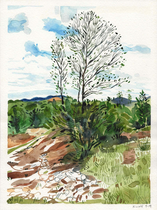 Tree in Santa Fe, New Mexico. Watercolor on Paper. 9" x 12". Painting landscape desert mountains John Kline gouache wall decor gifts art