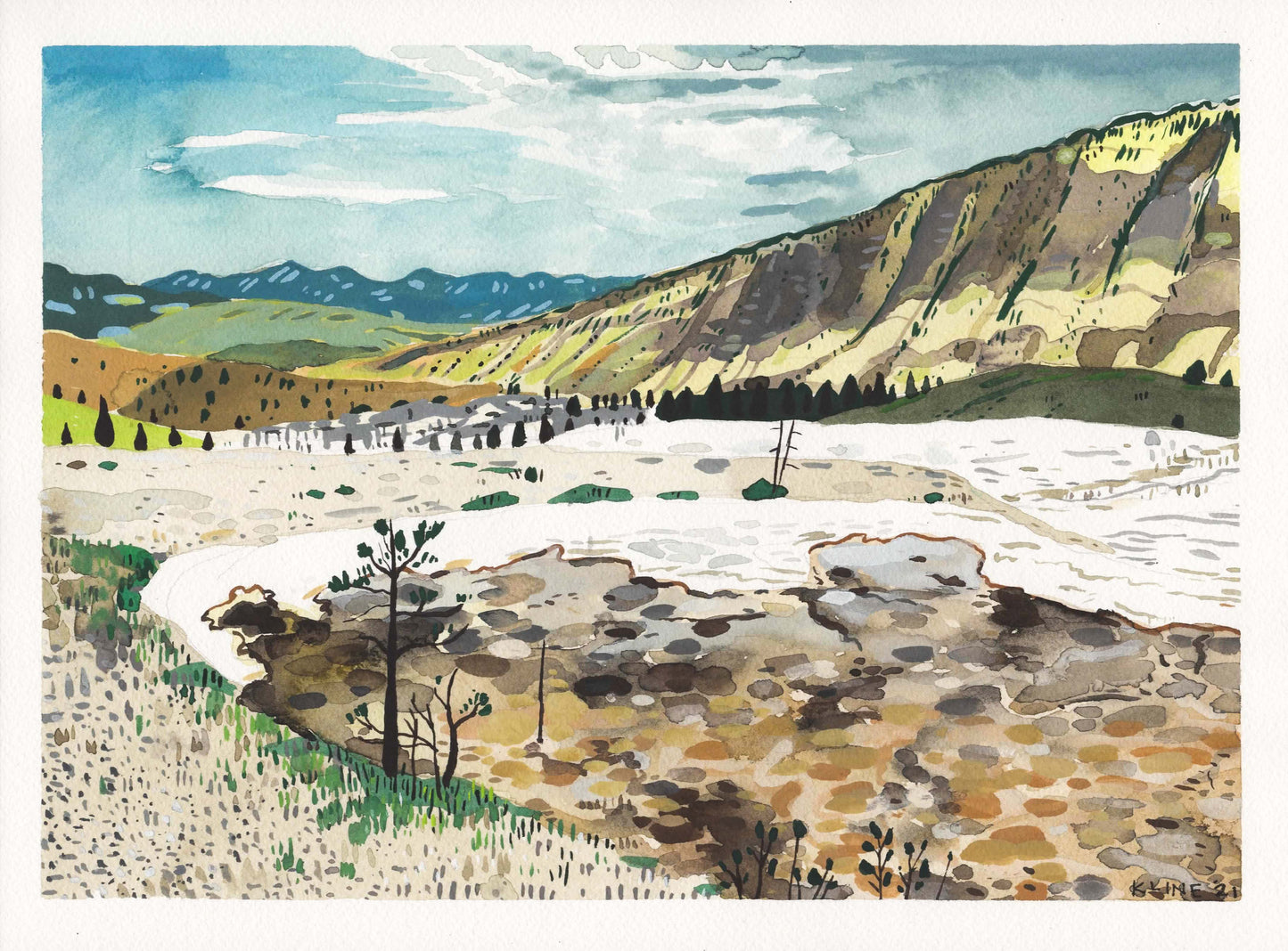 Yellowstone National Park, Mammoth Hot Springs. Watercolor on Paper. 9" x 12"