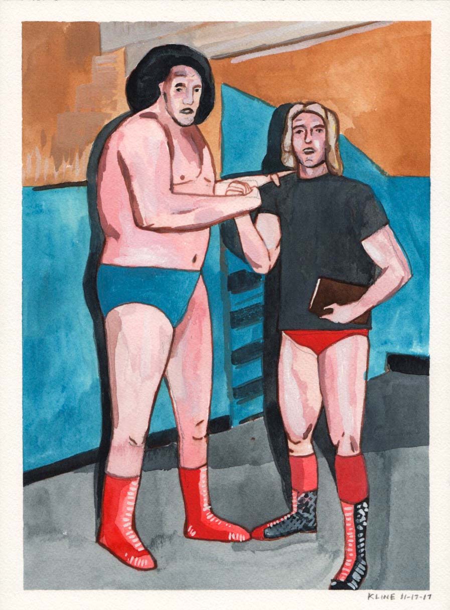 Andre the Giant and Ric Flair. Watercolor on Paper. 9" x 12". wrestling icons wwf. wwe. 1980s painting original pro wall art gifts for him