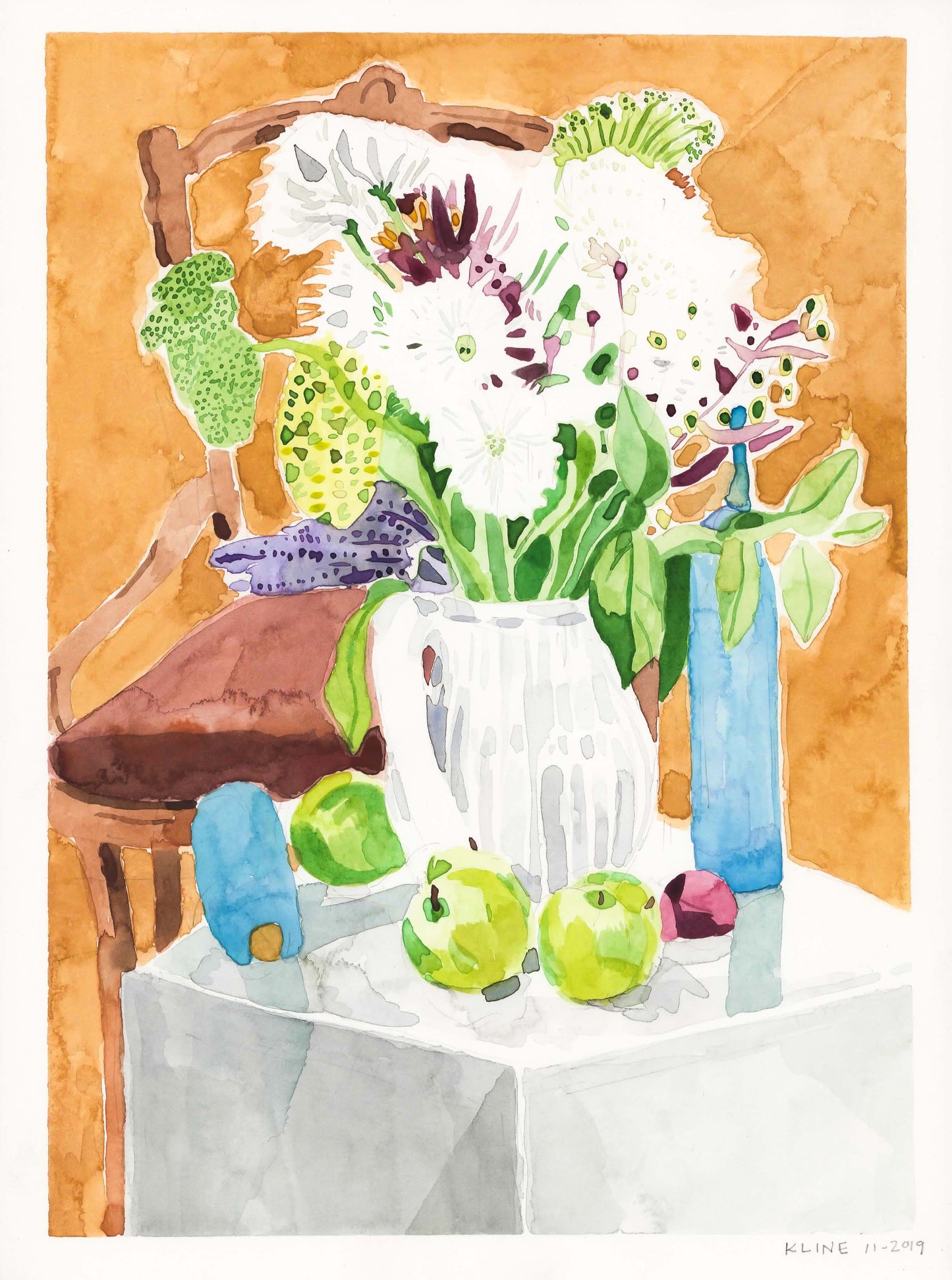 Still-Life with Flowers and Apples. Watercolor. 9" x 12". John Kline Artwork.