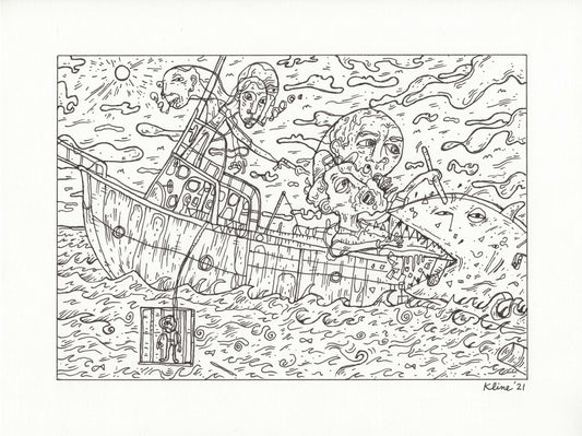 Vessel. Original Ink Drawing on Paper. 9" x 12". Inktober. Jaws. shark. fisherman. scuba diving. art. illustration. John Kline. Kansas City