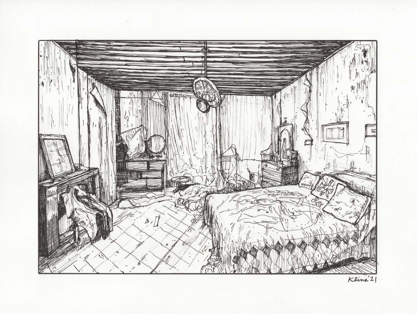 Abandoned Room Original Ink Drawing on Paper. 9" x 12". black. white. small. illustration. Inktober. fireplace. bedroom. art. wall decor.