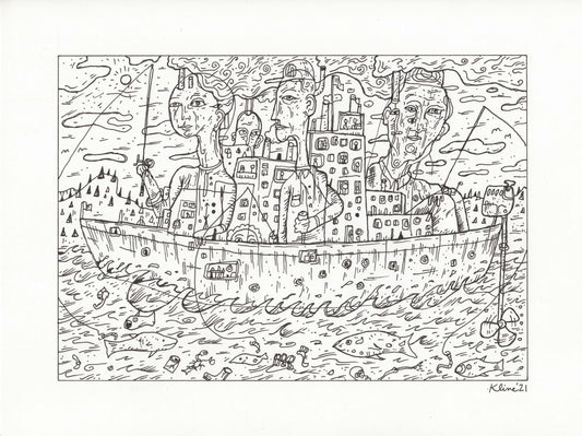 Vessel. Original Ink Drawing. 9" x 12". Inktober. Illustration. boat. surreal. John Kline. Kansas City artist. modern contemporary artwork