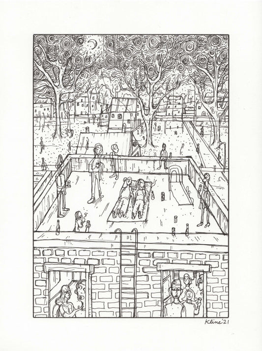 Roof. Original Ink Drawing. 9" x 12". Inktober.