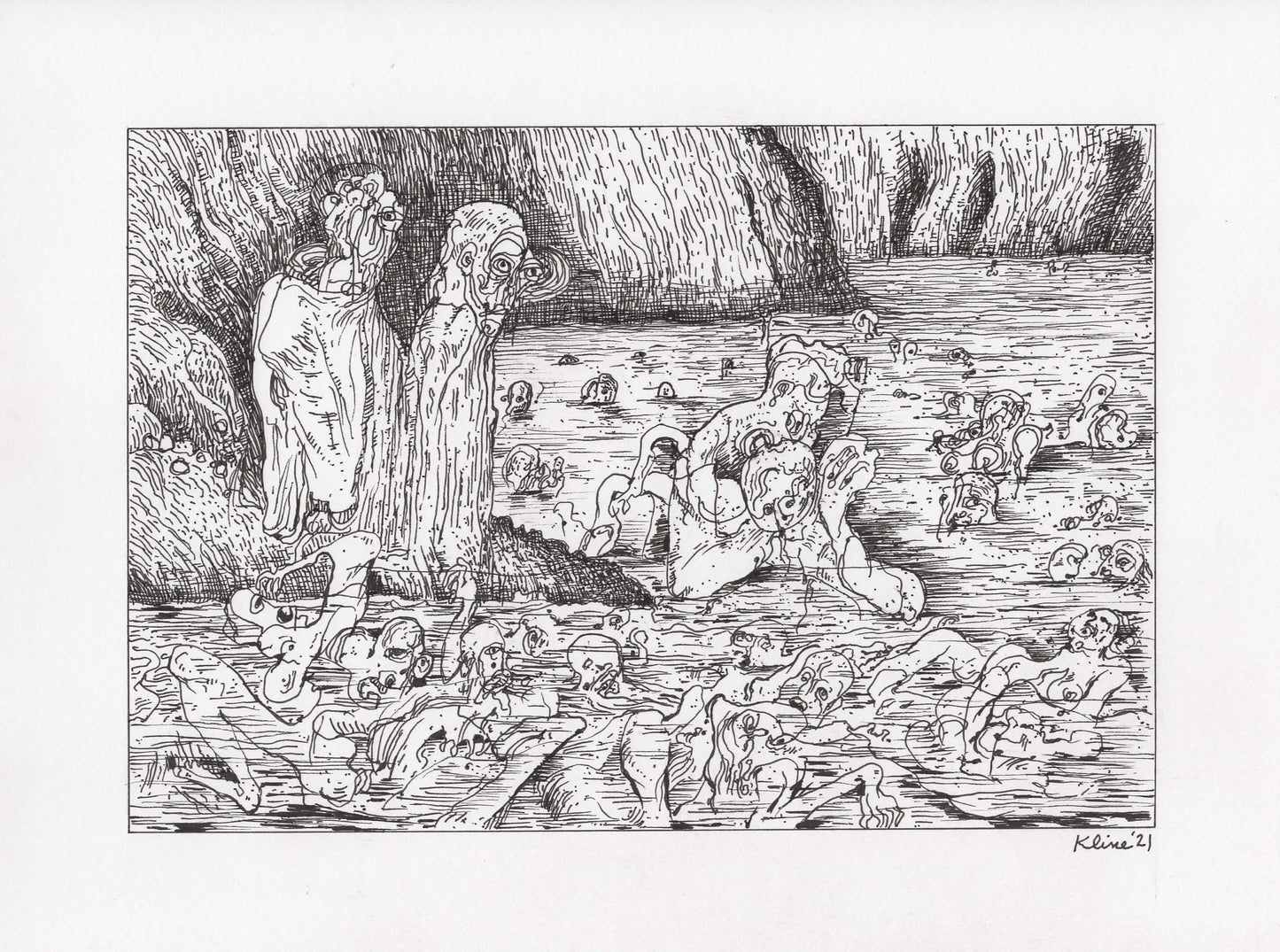 Ugolino gnawing the Head of Ruggieri, from a Gustave Dore illustration. Original Ink Drawing. 9" x 12". Dante Inferno. Divine Comedy.
