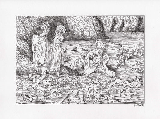 Ugolino gnawing the Head of Ruggieri, from a Gustave Dore illustration. Original Ink Drawing. 9" x 12". Dante Inferno. Divine Comedy.