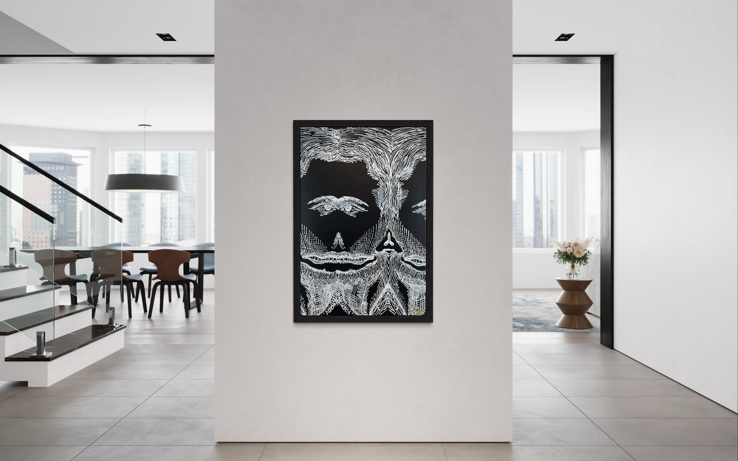 Gazing at your Own Fear. Acrylic and Oil Markers on Canvas. 24" x 36". John Kline Artwork. Black and White Painting