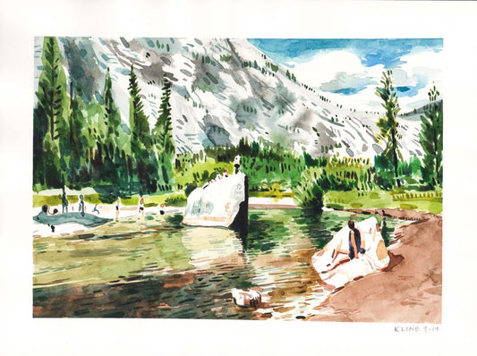 Bathers at Mirror Lake, Yosemite. Watercolor and Gouache. 12" x 9". John Kline Artwork. National Park