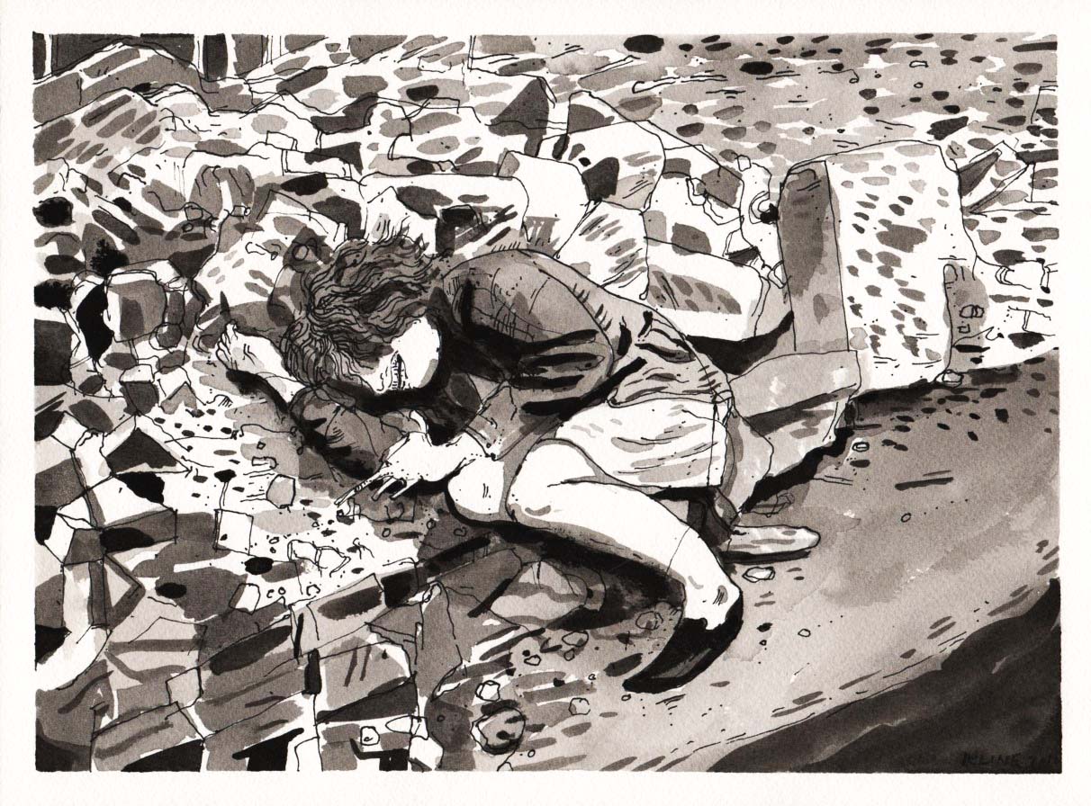 Crying Woman. Ink Wash on Paper. 9" x 12". Painting. German World War 2 black and white artwork Berlin destruction buildings city art death